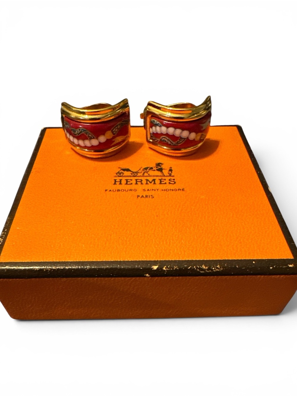 Hermès Vintage Cloisonné Enamel Clip Earrings Red Gold Plated | COA | Box - Picture 8 of 8